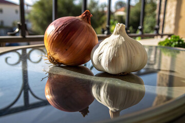 Close-up of fresh onions and garlic