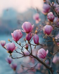 Soft pink magnolia blossoms on a branch in a dreamy, ethereal setting.