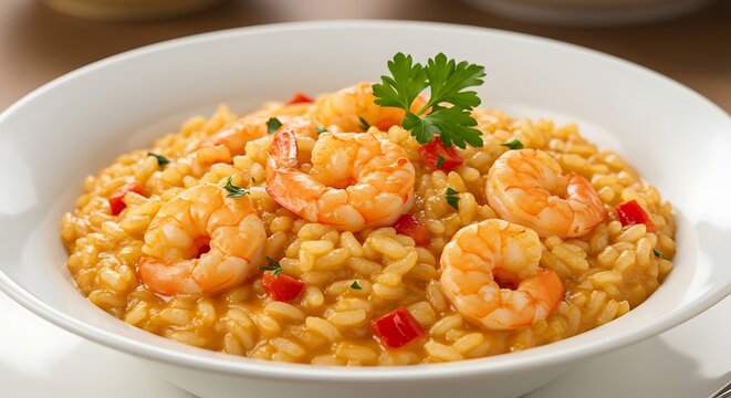 Delicious shrimp risotto in a white bowl with garnish