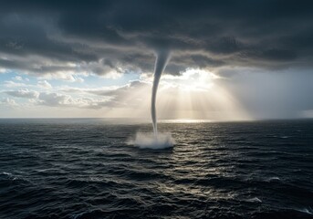 Dramatic waterspout forms in turbulent ocean waves under stormy skies with piercing sunbeams creating a breathtaking natural phenomenon