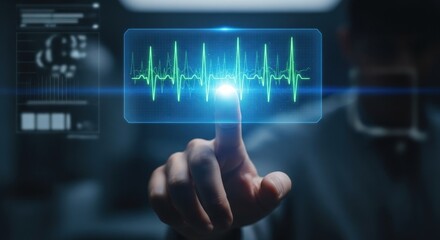 Finger touching a glowing neon heart rate monitor icon on a virtual interface screen