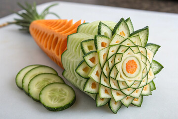 Cucumber and carrot cutting decoration like a flower