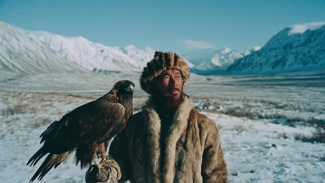 A mongolian nomad hunter in traditional fur clothes holds a golden eagle on his arm against a snowy mountain backdrop, representing ancient traditions, falconry, and human-nature connection