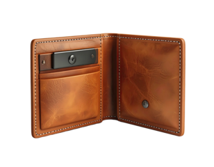 Open, detailed view of a brown leather wallet with a black key holder inside