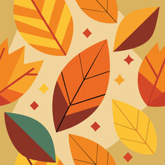 Seamless pattern of autumn leaves in warm colors on a beige background