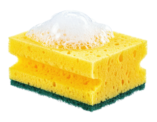 A layered yellow sponge with green base and soap bubbles on top