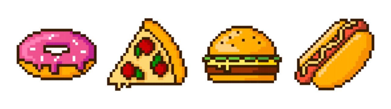 Pixel art fast food icons. Pixelated vector illustration of donut, pizza, hamburger, hot dog. Retro 8 bit pixel art for game