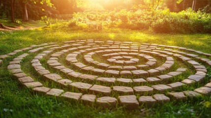 Stone Labyrinth in a Green Meadow at Sunset, A Path to Mindfulness