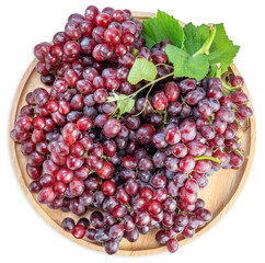 Red Champagne Grapes with leaves on wooden basket isolated on white, Fish Roe Grapes isolated on white background With work path.