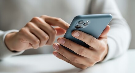 A persons hands using a smartphone with a blue case