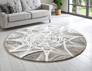 Round beige rug with abstract design