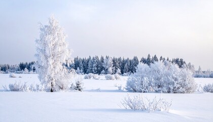 A serene winter landscape with frost-covered trees and bushes in a vast snowy field under a bright sky.