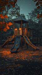 Abandoned, overgrown playground at night, where pumpkin drones with orange lights float silently