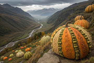 Large Pumpkin in Mountain Landscape