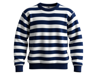 A striped sweater with navy and white horizontal bands, front view, isolated
