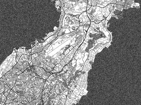 Artistic urban sketch of Ginowan, Japan, detailed in black and white map form.