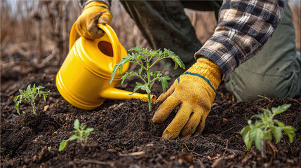 Gardener planting seedlings and watering with a yellow watering can. Growth and environmental stewardship in action. Cultivating a greener tomorrow.