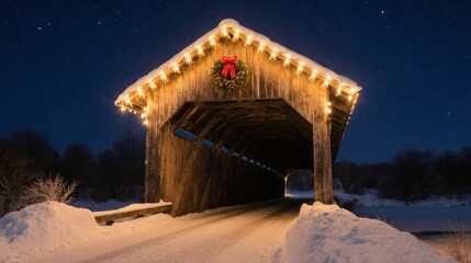 Festive covered bridge decorated with Christmas lights and wreath in snowy winter night.