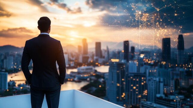 Contemplative entrepreneur gazing at a tech-driven skyline at sunset, envisioning future success.