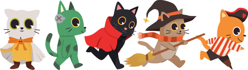 Cute Halloween Cats in Costume Vector Illustration. Perfect for seasonal invitations, party flyers, kids’ designs, and festive decorations.