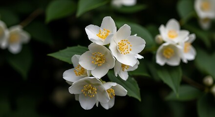 Delicate white jasmine flowers with yellow centers