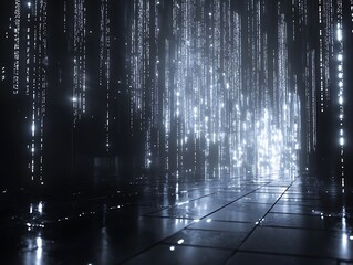 Immersive digital waterfall with matrix streams on reflective surface