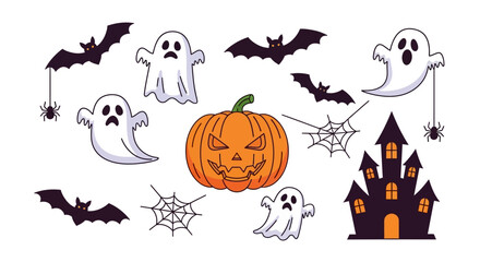 A vibrant collection of spooky Halloween illustrations featuring an evil pumpkin, flying bats, ghostly figures, and a haunted mansion, perfect for festive designs.