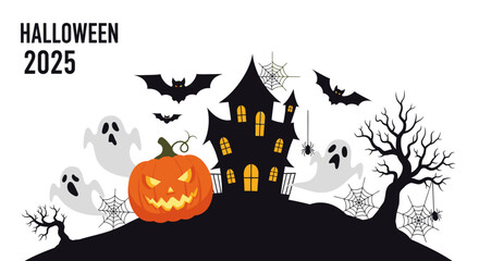 An enchanting Halloween 2025 graphic depicting a haunted mansion, carved pumpkin, spectral ghosts, and flying bats against a bright background.
