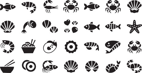 Vector Seafood Icons Pack with Sushi, Rice Bowls and Ocean Food Symbols