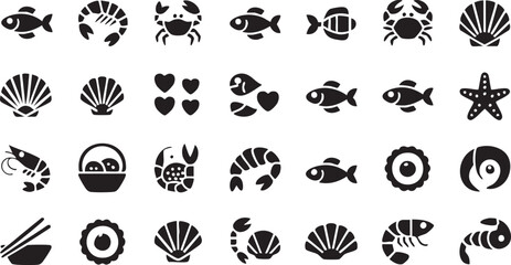 Vector Icons of Seafood Cuisine Including Fish, Shells and Rice Bowls