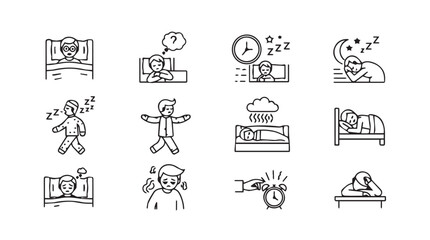 Hand drawn icons depicting sleep problems insomnia awakening tiredness stress and rest vector