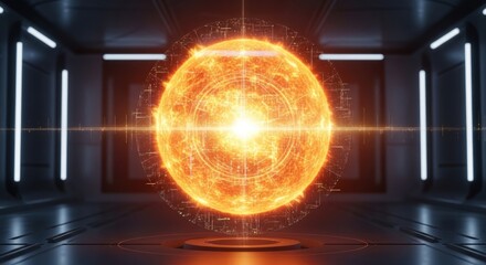 Futuristic spaceship interior with a glowing sun hologram, representing advanced technology