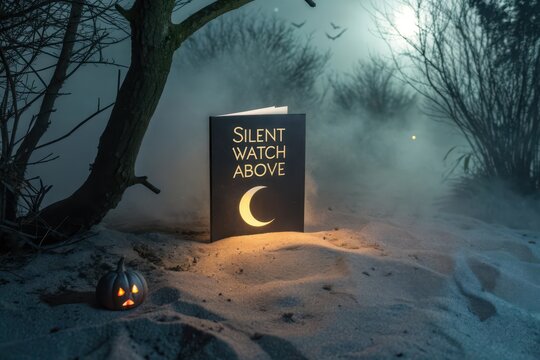Book illuminated by glowing crescent moon in spooky night scene