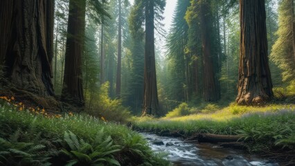 Obraz premium Sunlit stream flows through a lush redwood forest