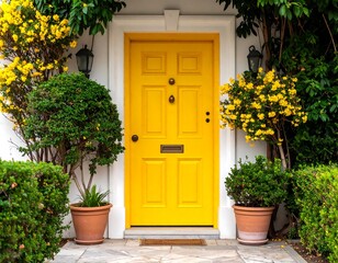Vibrant yellow door flanked by potted shrubs and flowering bushes