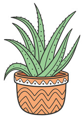 The plant has several long, pointed, light-green leaves with small dark spots along the edges. The pot is decorated with an orange zigzag pattern and a white band with small dots near the rim.
