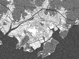 Naklejka premium Illustrated map of Hofu, Japan, in black and white hand-drawn digital style.