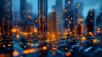 Fototapeta premium Futuristic cityscape illuminated with golden lights simulating circuit board design