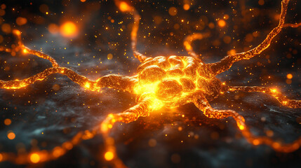 3D visualization of human brain neuron activity forming a neural network. Symbolizes neuroscience, cognition, psychology, mental health, intelligence, memory, and artificial intelligence learning.