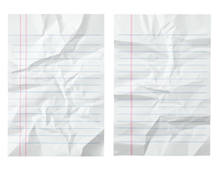 Two crumpled sheets of lined paper with red margins, against a dark background