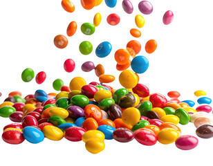 Close-up of colorful candy pouring onto a pile against a black background