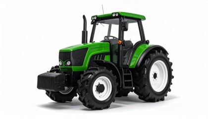 Obraz premium Green agricultural tractor with large rear wheels cab and front-mounted weight block for editorial farming machinery modern vehicle design and rural technology-themed visuals