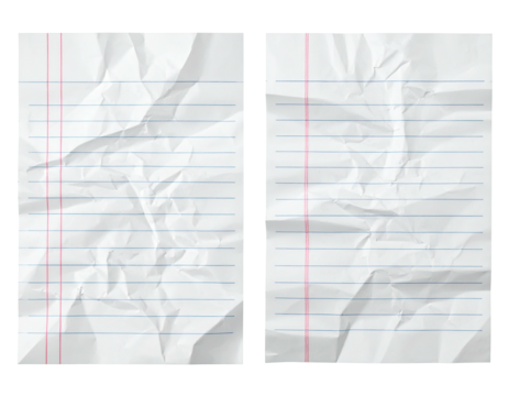 Two crumpled sheets of lined paper with red margins, against a dark background