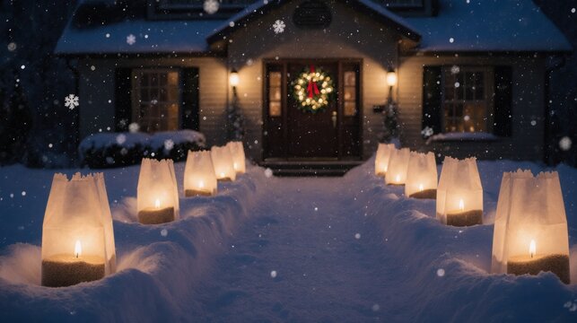Cozy Christmas Eve scene with luminarias lighting a snowy path to a festive home.