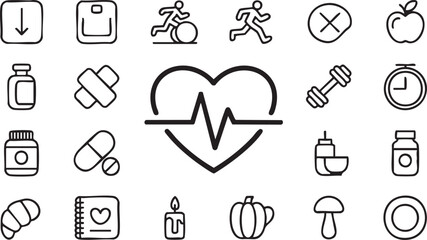 Vector Icons Set of Nutrition, Wellness and Exercise for Healthy Lifestyle