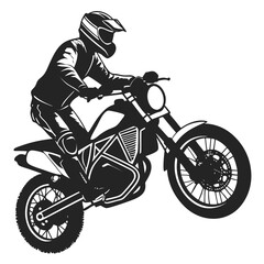 Black silhouette of a motorcycle rider in action on white background