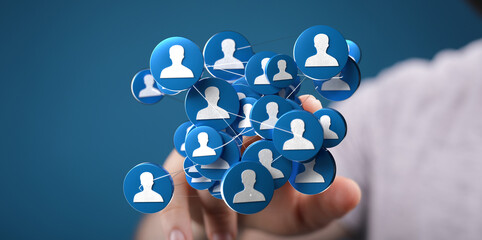Finger touching a digital people network connection. Social networking and digital community...