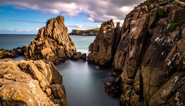 Rocky coastline, dramatic cliffs meet the sea