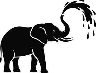 Strong majestic african elephant spraying water from its long trunk vector silhouette illustration graphic depicting wildlife nature power and a playful bath scene.