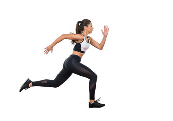Obraz premium Fit young woman runner sprinting in sportswear, isolated on white background.